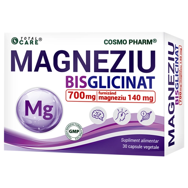 MAGNEZIU BISGLICINAT CONCENTRAT 19 Magneziu Bisglicinat Total Care de la Cosmo Pharm, supliment cu magneziu pentru sistem nervos și muscular