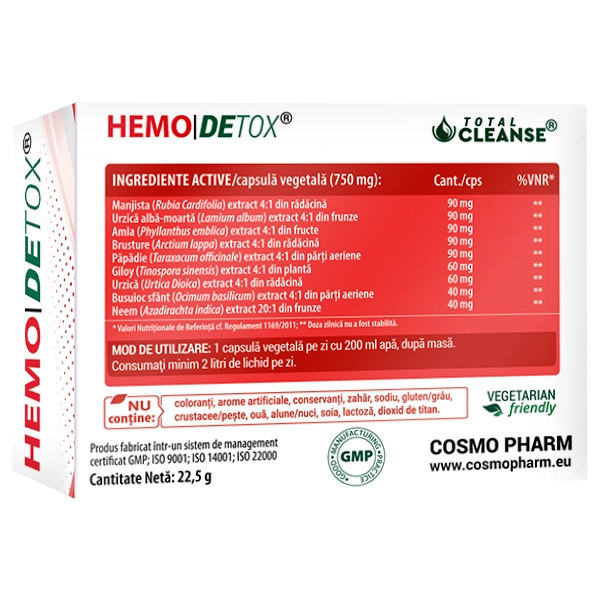 HEMODETOX 4 Hemodetox Cosmopharm – supliment natural cu extracte din plante pentru susținerea detoxifierii sângelui, funcției hepatice și eliminarea toxinelor din organism