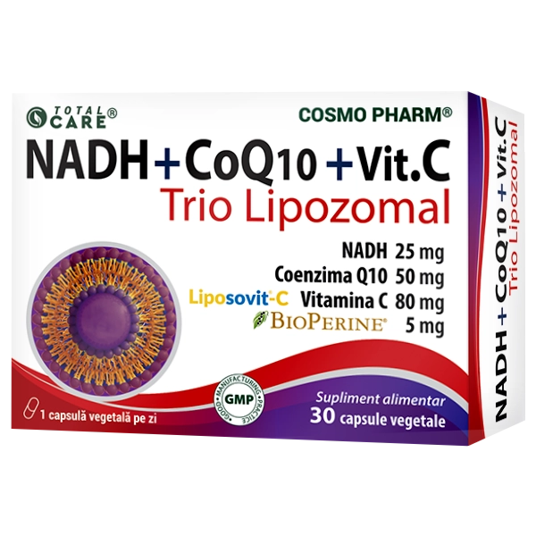 NADH coenzima q10 vitamina c trio lipozomal Cosmopharm supliment alimentar pentru energie celulara, vitalitate si sustinerea functiei cognitive