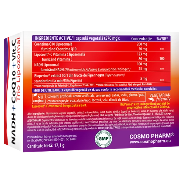 NADH + COENZIMA Q10 + VITAMINA C - Trio Lipozomal 4 NADH coenzima q10 vitamina c trio lipozomal Cosmopharm supliment alimentar pentru energie celulara, vitalitate si sustinerea functiei cognitive
