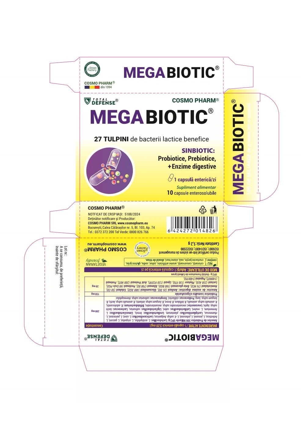 Megabiotic supliment probiotic Cosmopharm pentru sănătatea digestivă