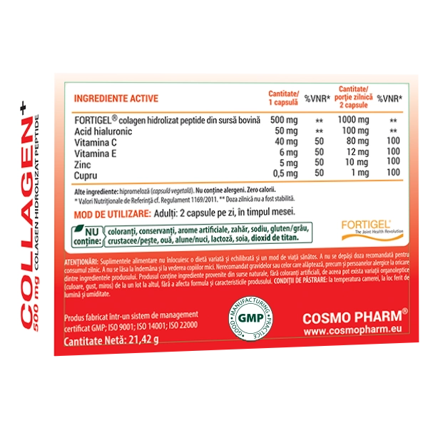 COLLAGEN+ 500 mg - Fortigel® - Colagen Hidrolizat Peptide din sursă bovină 4 Colagen hidrolizat Cosmopharm supliment pentru piele articulații și oase