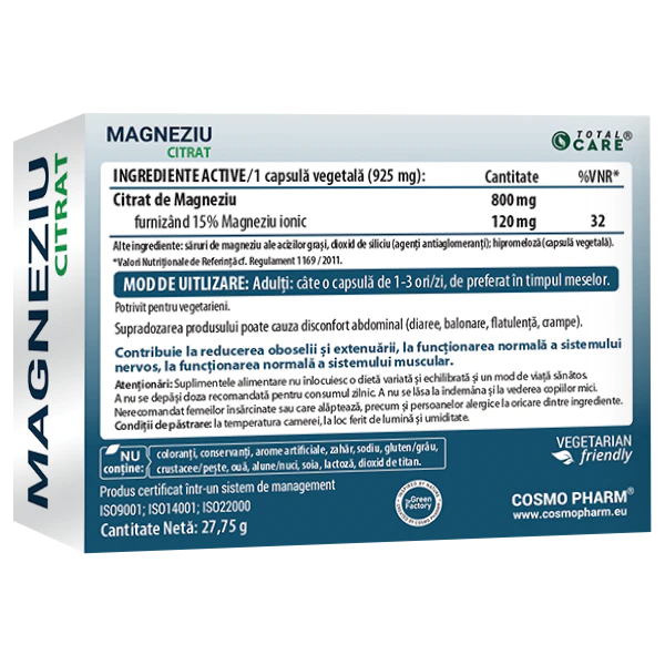 Magneziu Citrat Cosmopharm supliment alimentar pentru sustinerea sanatatii musculare, sistemului nervos si echilibrului electrolitic