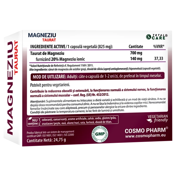Magneziu Taurat – Magneziu Elemental Pur 140 mg 4 Magneziu Taurat Cosmopharm supliment alimentar pentru sustinerea sistemului nervos, relaxarea musculara si echilibrul electrolitic