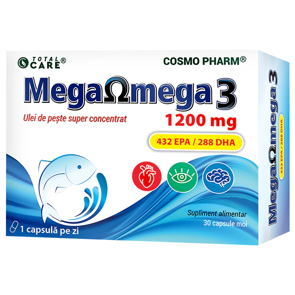 Mega Omega 3 – Ulei de Peste Super Concentrat Cosmopharm – supliment alimentar pentru sustinerea inimii, creierului si sanatatii cardiovasculare