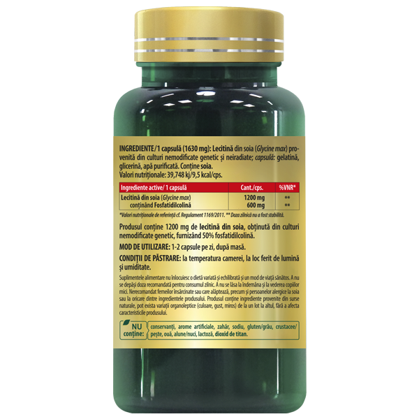 Lecitina 1200 mg Capsule, cu 50% Fosfatidilcolina 4 Premium Lecitina 1200mg Cosmopharm supliment pentru sustinerea functiei cerebrale si metabolismului grasimilor
