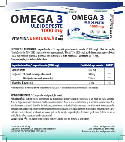 OMEGA 3 - ulei de peste 1005mg, 30 capsule 6 omega 3 ulei de peste beneficii cosmopharm