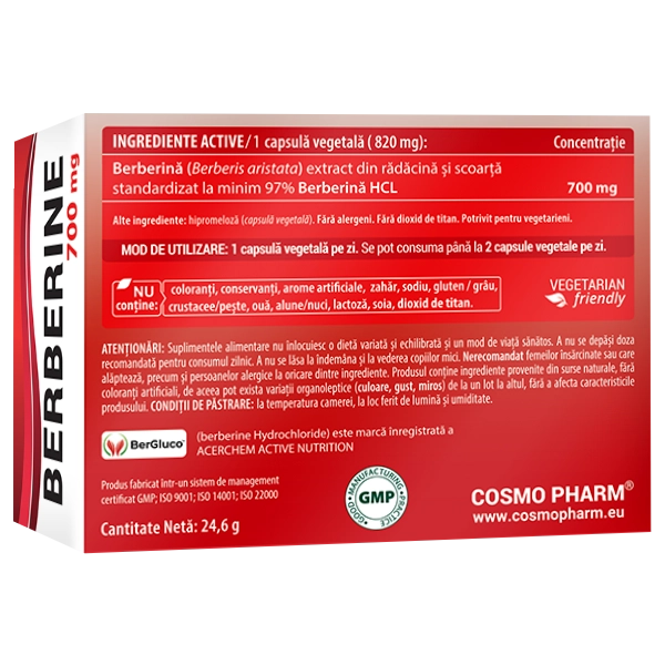 Berberine (berberina), 700 mg, 30 capsule vegetale 4 Berberine Berberina Cosmopharm supliment pentru susținerea metabolismului și reglarea glicemiei