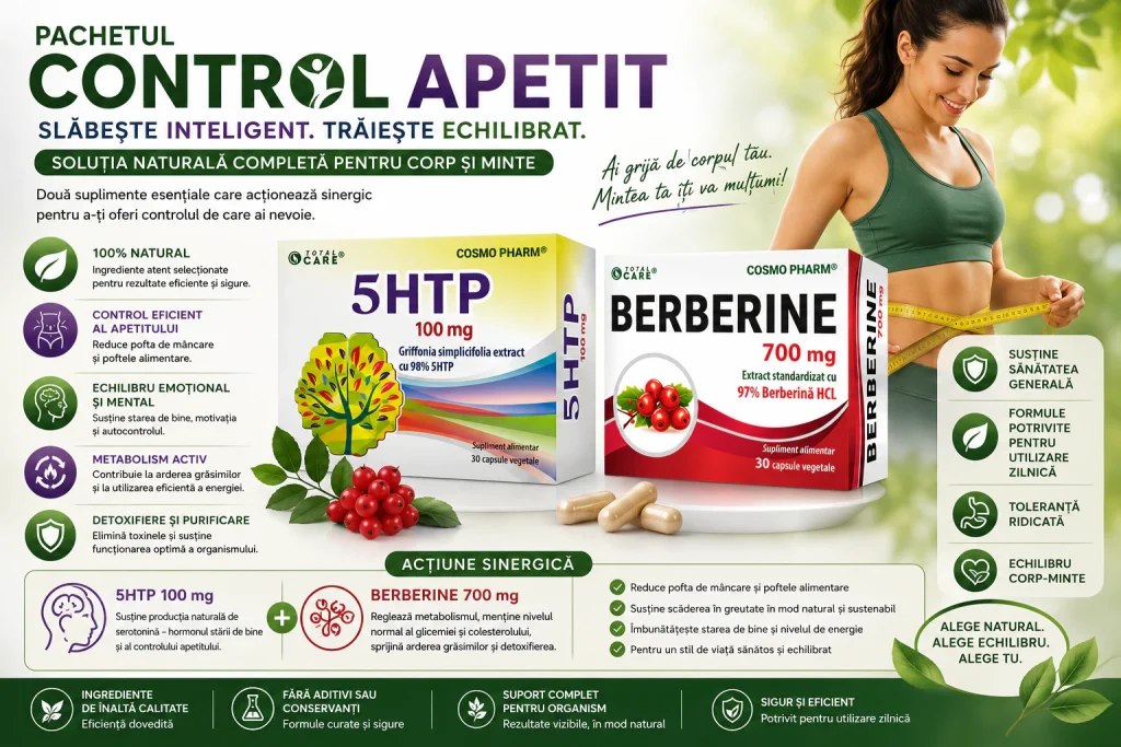 Pachet Control Apetit – Berberina 700 mg + 5 HTP 100 mg 5 Suplimente pentru controlul apetitului.