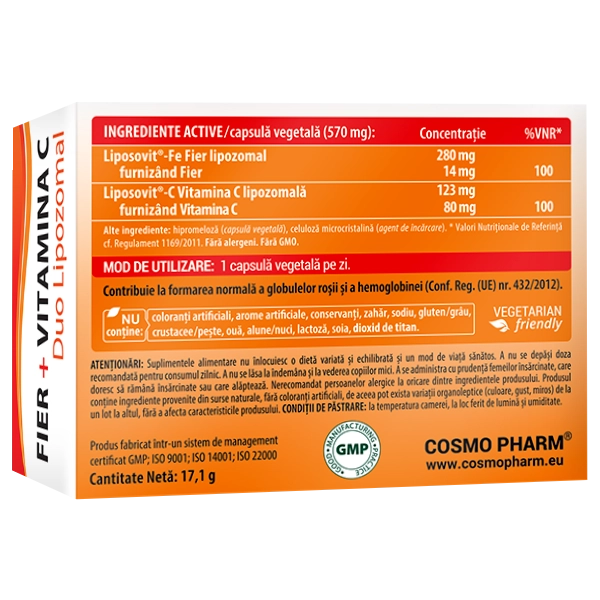 Fier + Vitamina C Duo Lipozomal, 30 capsule vegetale 5 Fier cu Vitamina C Lipozomal Cosmopharm supliment alimentar pentru sustinerea nivelului normal de fier si a sistemului imunitar