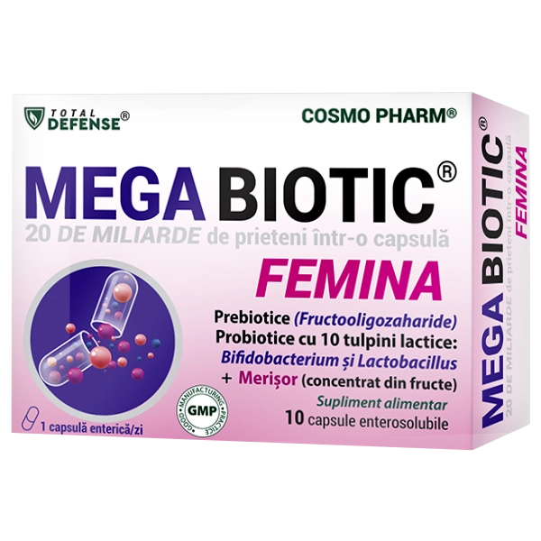 Megabiotic Femina Cosmopharm capsule – probiotic intim premium cu 20 miliarde UFC pentru sanatatea completa a femeii, sustinerea florei vaginale, imunitatii si echilibrului hormonal