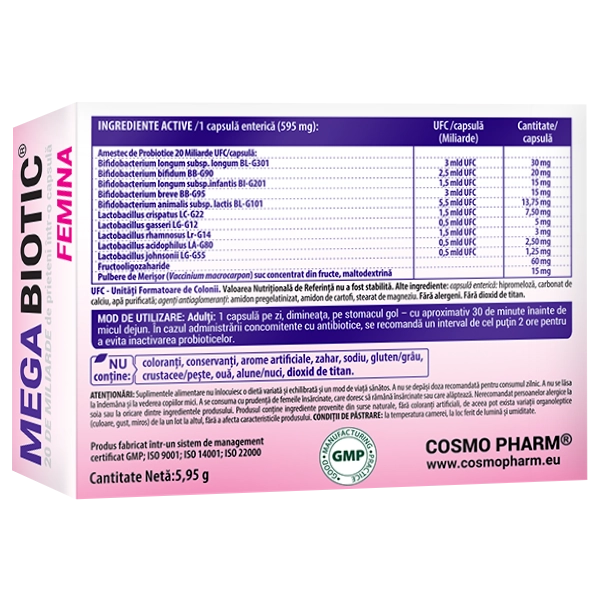 MEGABIOTIC® FEMINA, 20 Miliarde de prieteni într-o capsula, 10 capsule 4 Megabiotic Femina Cosmopharm capsule – probiotic intim premium cu 20 miliarde UFC pentru sanatatea completa a femeii, sustinerea florei vaginale, imunitatii si echilibrului hormonal