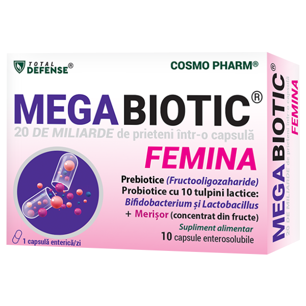 Megabiotic Femina Cosmopharm capsule – probiotic intim premium cu 20 miliarde UFC pentru sanatatea completa a femeii, sustinerea florei vaginale, imunitatii si echilibrului hormonal
