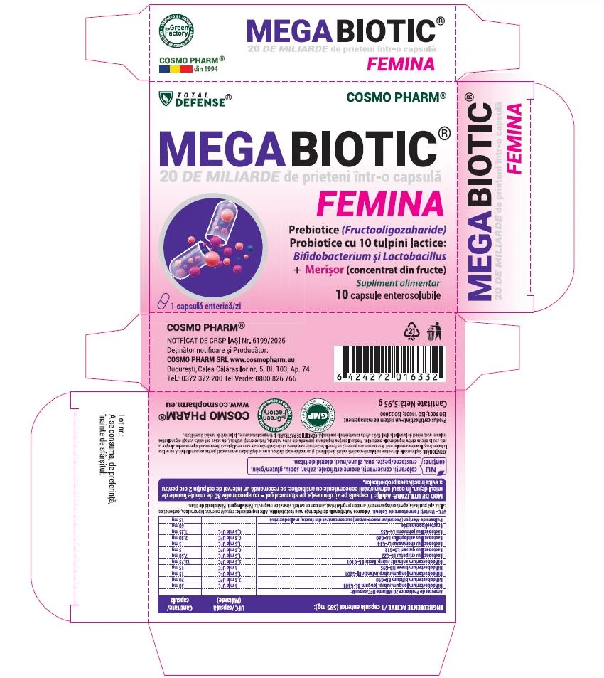 Cutie MEGABIOTIC FEMINA – probiotic intim premium cu 20 miliarde UFC, 10 tulpini probiotice, prebiotice și merișor pentru susținerea florei intime, sănătății urinare și confortului digestiv la femei | Cosmophar