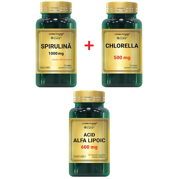 Trio Antioxidant Detox Cosmopharm – complex cu Spirulina, Chlorella si acid alfa lipoic pentru detoxifiere profunda, eliminarea metalelor grele si sustinerea ficatului, rinichilor si intestinelor