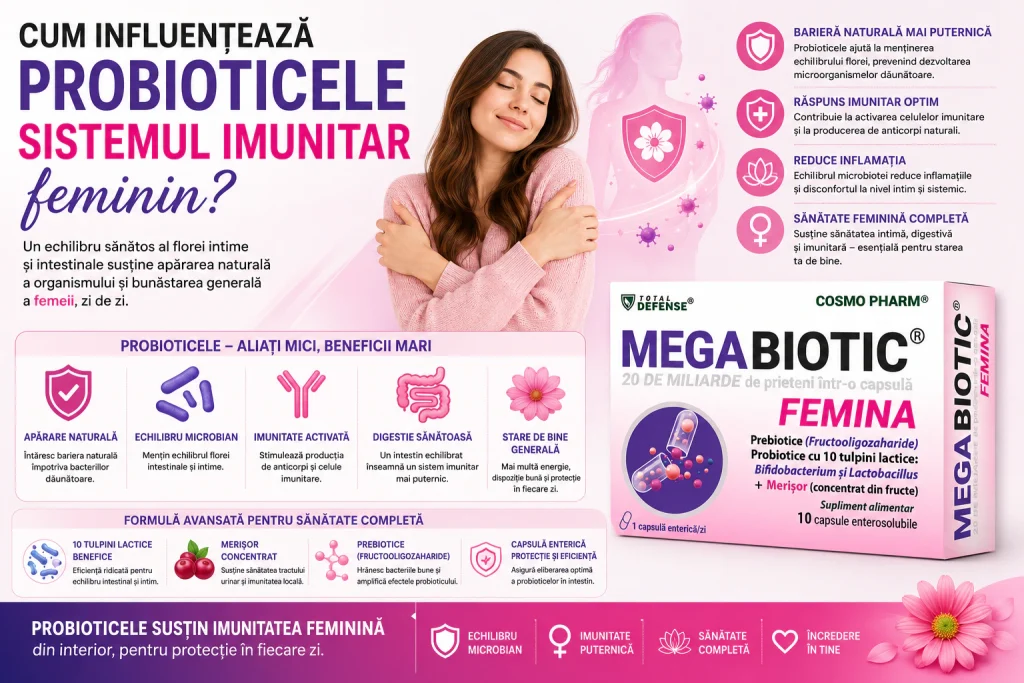 Probiotice si imunitatea feminina: legatura esentiala dintre flora intestinala, sanatatea intima si apararea naturala 11 Cum influenteaza probioticele sistemul imunitar feminin Megabiotic Femina