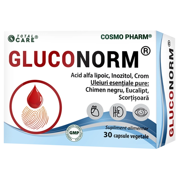 Cutie GLUCONORM® - supliment natural cu acid alfa-lipoic, inozitol și crom picolinat pentru controlul glicemiei și protecția sistemului nervos metabolic