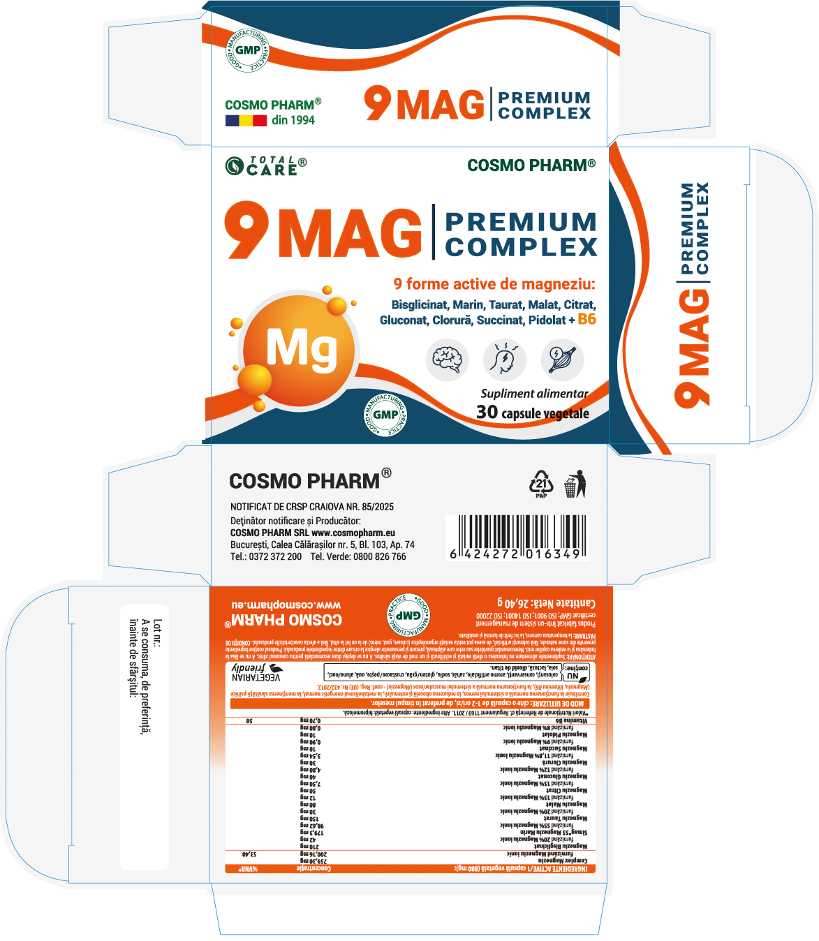 9 Mag Premium Complex, 30 capsule vegetale 5 Supliment cu magneziu, 9 forme active cosmo pharm