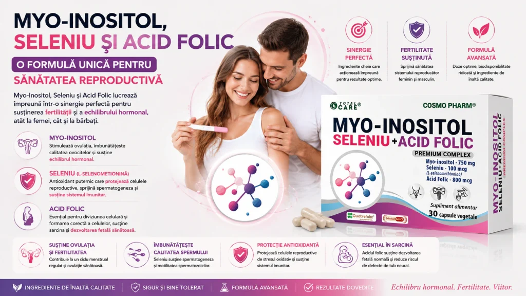 Fertilitatea feminina si echilibrul hormonal: Rolul combinatiei Myo-Inositol, Seleniu si Acid Folic in Sindromul Ovarelor Polichistice (PCOS) 12 Supliment pentru sănătatea reproductivă