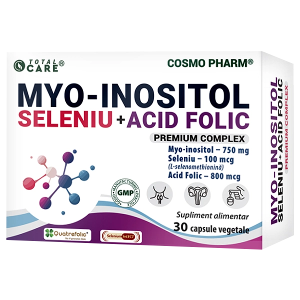 Myo-Inositol + Seleniu + Acid Folic PREMIUM COMPLEX 30 Myo-Inositol + Seleniu + Acid Folic Cosmopharm capsule – supliment natural pentru sustinerea fertilitatii, echilibrului hormonal si sanatatii reproductive a femeii
