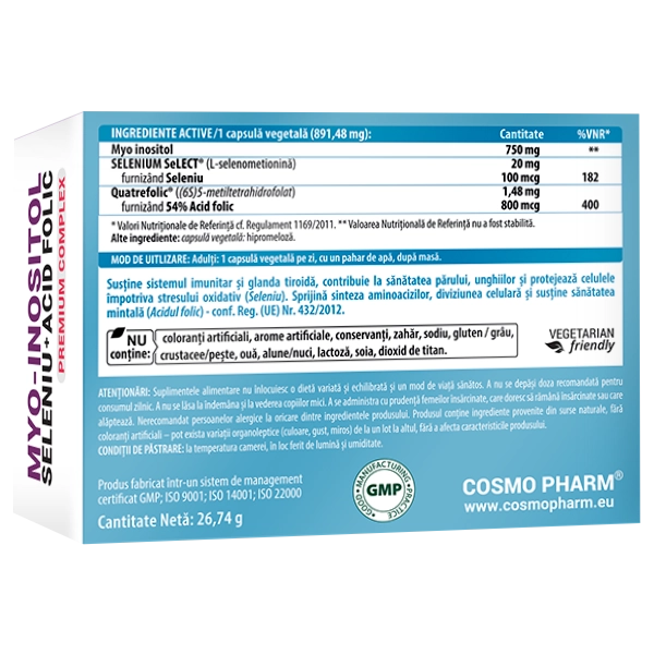 Myo-Inositol + Seleniu + Acid Folic PREMIUM COMPLEX 4 Myo-Inositol + Seleniu + Acid Folic Cosmopharm capsule – supliment natural pentru sustinerea fertilitatii, echilibrului hormonal si sanatatii reproductive a femeii