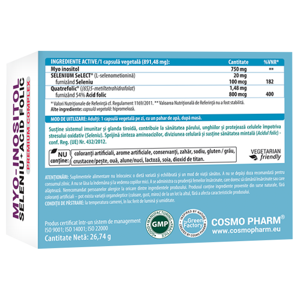 Myo-Inositol + Seleniu + Acid Folic Cosmopharm capsule – supliment natural pentru sustinerea fertilitatii, echilibrului hormonal si sanatatii reproductive a femeii