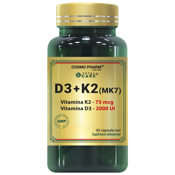 Vitamina D3 2000 UI si K2 MK7 Cosmopharm capsule softgel – supliment pentru absorbtia calciului, oase puternice, inima sanatoasa si sustinerea imunitatii