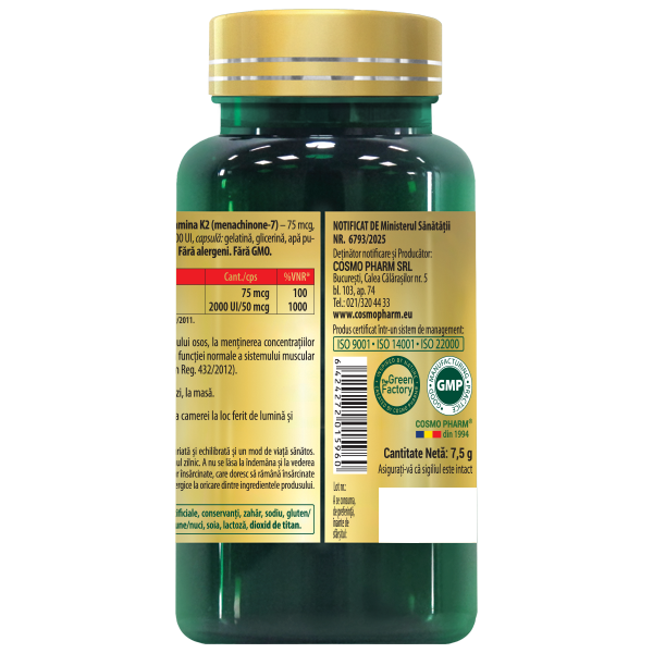 Vitamina D3 2000 UI si K2 MK7 Cosmopharm capsule softgel – supliment pentru absorbtia calciului, oase puternice, inima sanatoasa si sustinerea imunitatii