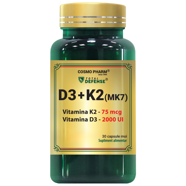 Vitamina D3 2000 UI si K2 MK7 Cosmopharm capsule softgel – supliment pentru absorbtia calciului, oase puternice, inima sanatoasa si sustinerea imunitatii