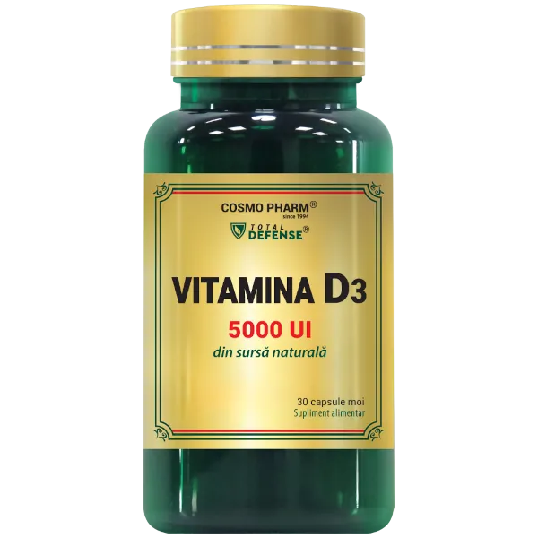 Vitamina D3 5000 UI Cosmopharm capsule – supliment cu colecalciferol pentru sustinerea sistemului imunitar, sanatatea oaselor si a dintilor