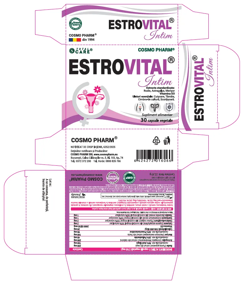 Estrovital Intim Cosmopharm capsule – supliment natural pentru echilibru hormonal, confort feminin si sustinerea organismului in premenopauza si tranzitia hormonala
