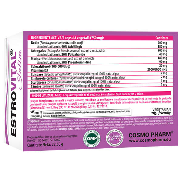 Estrovital Intim Cosmopharm capsule – supliment natural pentru echilibru hormonal, confort feminin si sustinerea organismului in premenopauza si tranzitia hormonala