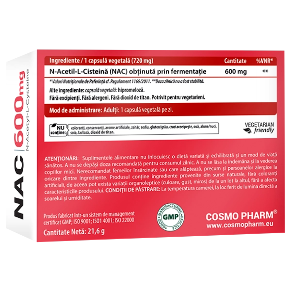 NAC 600 (N-Acetilcisteină) 4 NAC N-Acetilcisteina Cosmopharm capsule – supliment antioxidant pentru detoxifierea ficatului, reducerea stresului oxidativ si sustinerea sanatatii respiratorii
