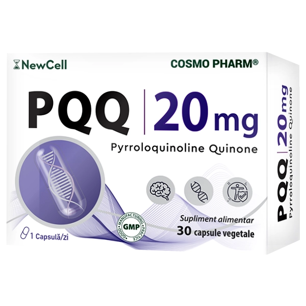 PQQ (Pyrroloquinoline Quinone) Cosmopharm capsule – supliment cardio protector pentru sustinerea functiei cardiovasculare, energiei mitocondriale si protectiei celulare impotriva stresului oxidativ