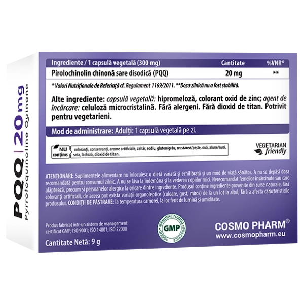 PQQ 20 mg (Pyrroloquinoline Quinone) 4 PQQ (Pyrroloquinoline Quinone) Cosmopharm capsule – supliment cardio protector pentru sustinerea functiei cardiovasculare, energiei mitocondriale si protectiei celulare impotriva stresului oxidativ
