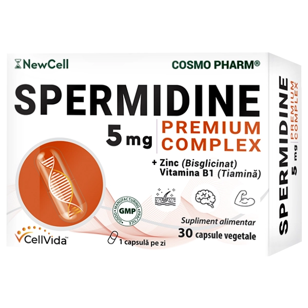 Spermidine Cosmopharm capsule – supliment alimentar natural pentru promovarea longevității celulare, reducerea efectelor îmbătrânirii și protecția antioxidantă a organismului