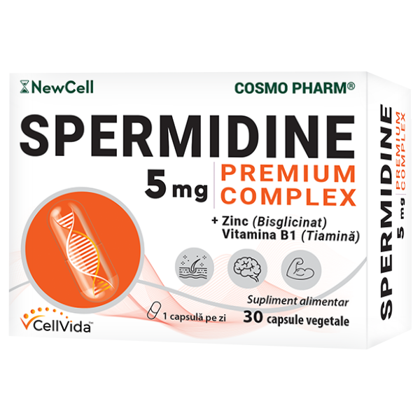 Spermidine Cosmopharm capsule – supliment alimentar natural pentru promovarea longevității celulare, reducerea efectelor îmbătrânirii și protecția antioxidantă a organismului