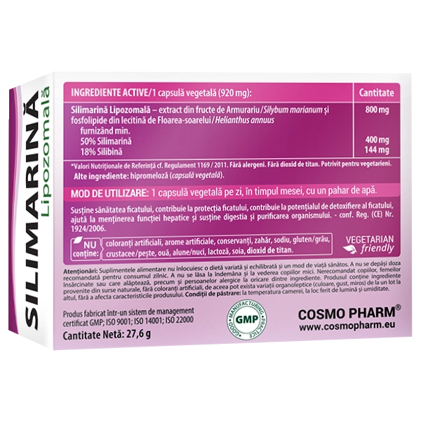 SILIMARINA LIPOZOMALA 800mg 4 Silimarina Lipozomala Cosmopharm – supliment lipozomal pentru sustinerea sanatatii ficatului, protectie antioxidanta si detoxifiere hepatica eficienta