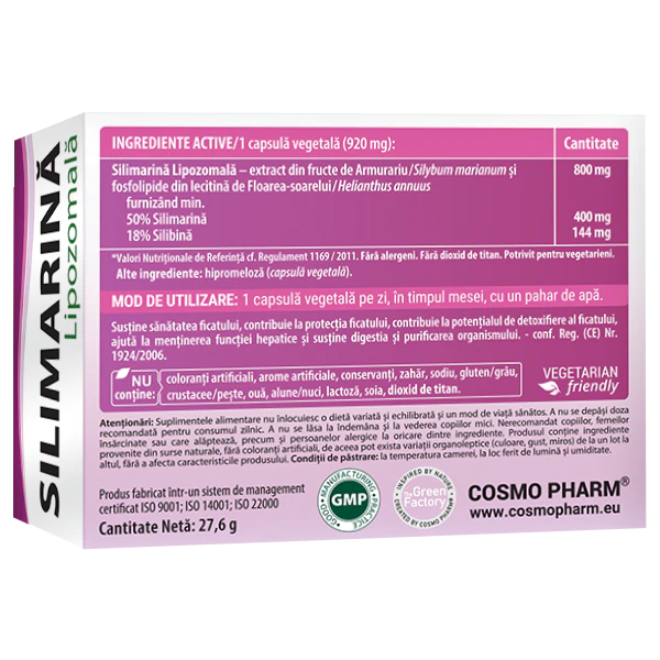 Silimarina Lipozomala Cosmopharm – supliment lipozomal pentru sustinerea sanatatii ficatului, protectie antioxidanta si detoxifiere hepatica eficienta