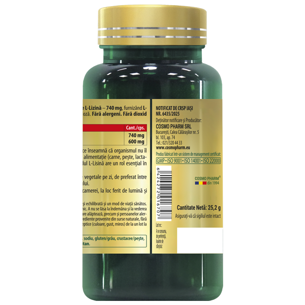 L-LYSINE 600 mg – Aminoacid Esențial pentru Imunitate, Refacere și Colagen, 30/60 capsule vegetale 5 L-Lysine 600 mg capsule vegetale pentru imunitate, refacere si stimularea colagenului - supliment esential Cosmopharm