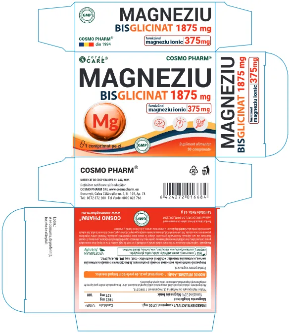 Magneziu Bisglicinat, 1875 mg, 30 comprimate 5 Magneziu bisglicinat 1875 mg Cosmopharm – forma cu absorbtie ridicata pentru relaxare musculara, reducerea oboselii si sustinerea sistemului nervos