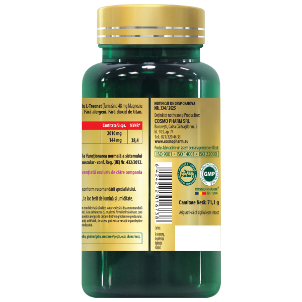 Magtein Magneziu L-Treonat COSMO PHARM® – 90 capsule vegetale, supliment alimentar premium pentru susținerea memoriei, concentrării și sănătății creierului. Formula avansată cu Magneziu L-Treonat (Magtein®) oferă absorbție superioară și contribuie la îmbunătățirea funcțiilor cognitive, reducerea stresului și menținerea clarității mentale. Ideal pentru focus mental, performanță intelectuală și echilibru al sistemului nervos.