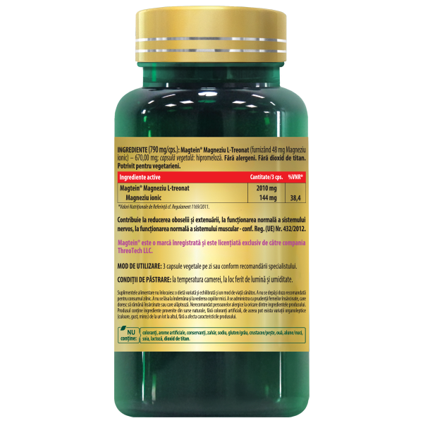 Magtein Magneziu L-Treonat COSMO PHARM® – 90 capsule vegetale, supliment alimentar premium pentru susținerea memoriei, concentrării și sănătății creierului. Formula avansată cu Magneziu L-Treonat (Magtein®) oferă absorbție superioară și contribuie la îmbunătățirea funcțiilor cognitive, reducerea stresului și menținerea clarității mentale. Ideal pentru focus mental, performanță intelectuală și echilibru al sistemului nervos.