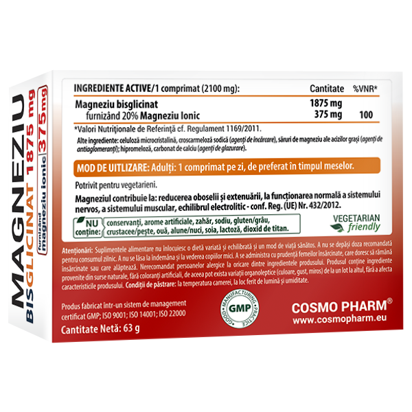 Magneziu Bisglicinat, 1875 mg, 30 comprimate 4 Magneziu bisglicinat 1875 mg Cosmopharm – forma cu absorbtie ridicata pentru relaxare musculara, reducerea oboselii si sustinerea sistemului nervos