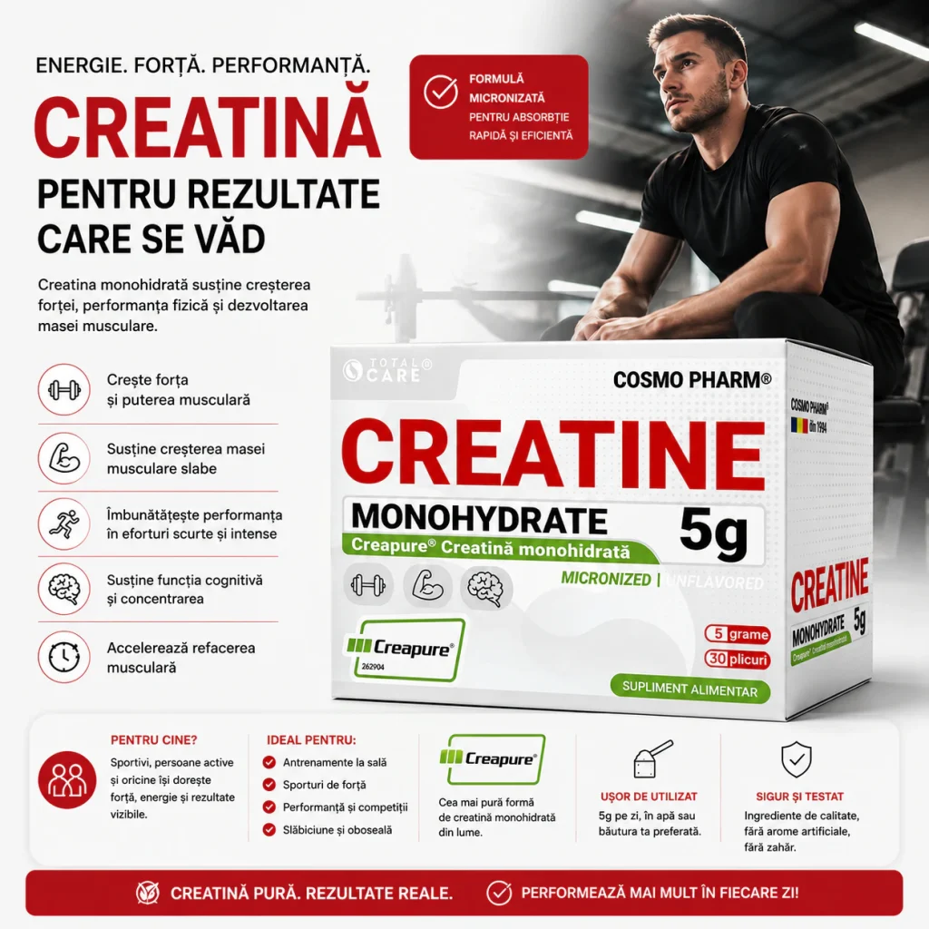 Creatina Monohidrata Creapure® 5 g x 30 plicuri 11 Creatina Cosmo Pharm - Energie, forță, performanță, rezultate vizibile.