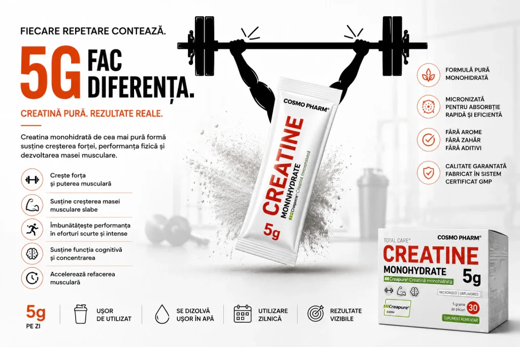 Creatina Monohidrata Creapure® 5 g x 30 plicuri 9 Creatină pură Cosmo Pharm, performanță sportivă.