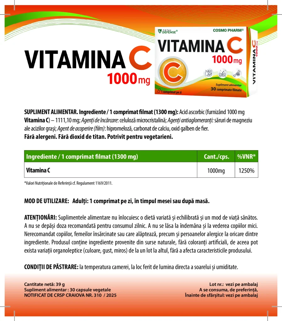 Vitamina C 1000 mg - imunitate, energie și protecție antioxidantă 5 Vitamina C1000 prospect