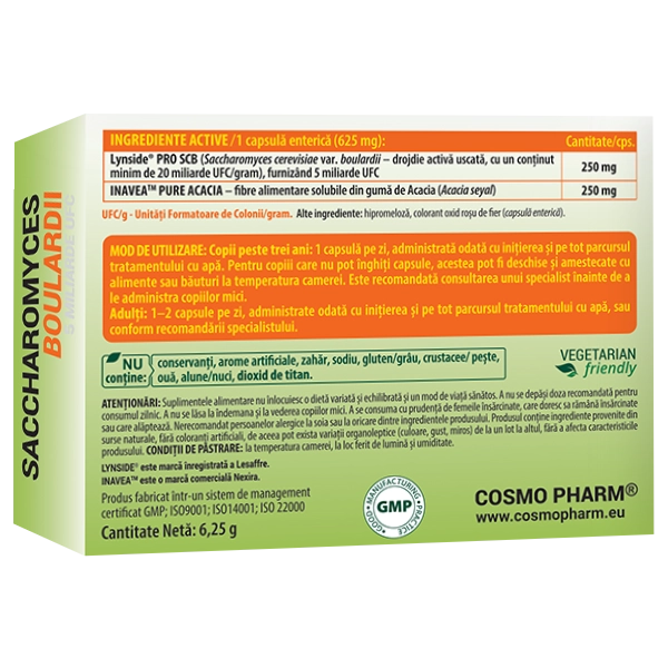 Saccharomyces boulardii 5 miliarde UFC COSMO PHARM® 4 Saccharomyces boulardii 5 miliarde UFC COSMO PHARM® – probiotic Lynside® PRO SCB cu fibre de Acacia Inavea™ PURE ACACIA pentru echilibrul florei intestinale, confort digestiv și susținere în timpul tratamentului cu antibiotice