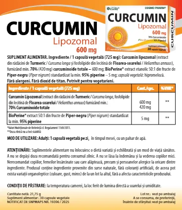 CURCUMIN LIPOZOMAL 600 mg cu piperina BioPerine® 5 Supliment alimentar cu curcumin liposomal