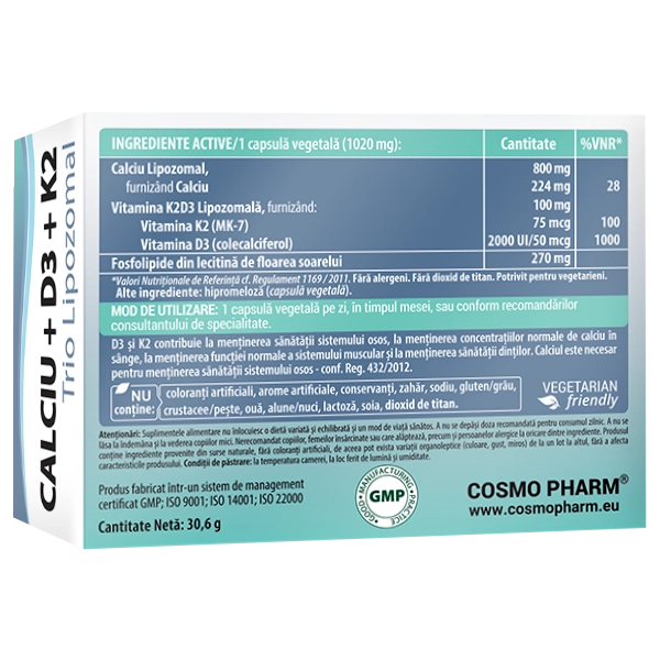 Calciu + D3 + K2 Trio Lipozomal 4 Supliment cu calciu și vitamine calciu d3 k2 trio lipozomal cosmopharm